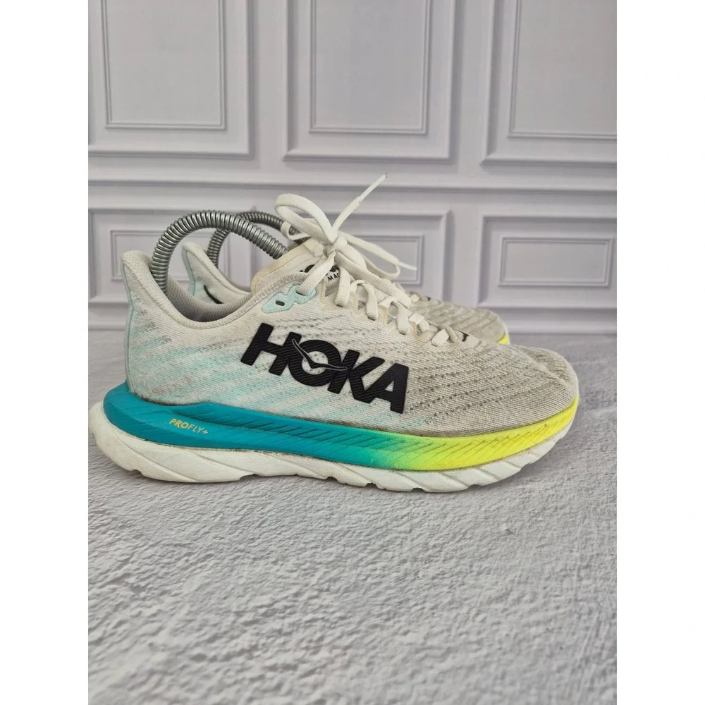 Hoka Mach 5 Womens Running Shoes Size 6.5 B White Blue Yellow Profly+ Sneakers